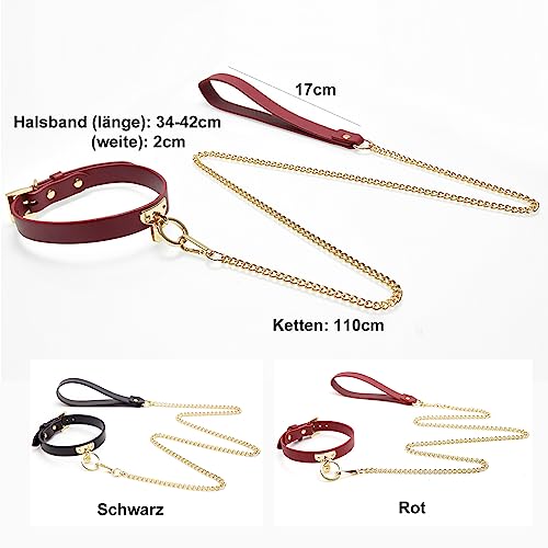 Sentasi Halsband mit Leine Ketten Fesseln Sex Set Einstellbar Leder Halsbänder Erotik Lederhalsband Fetisch SM Fesseln Halsband Sexspielzeug Flirten-Tool Cosplay Sex Toys für Männer Frauen Rot – Bild 3