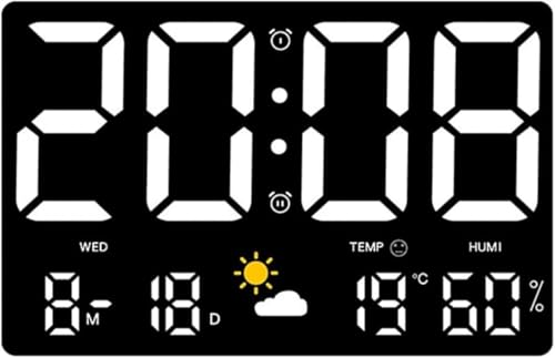 GEBYUI デジタル LED 壁掛け兼置き目覚まし時計|大画面 温湿度・天気表示 4 段階明るさ調整 シンプルデザイン 寝室・オフィス・部屋に最適?