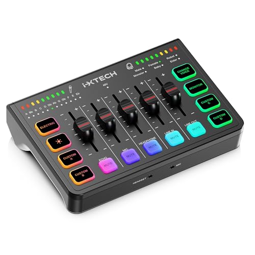 IXTECH Table de mixage audio de jeu 4 canaux, interface audio RVB pour PC avec prise en charge du microphone XLR, égaliseur audio pour jeu, podcast, streaming, karaoké, commandes de volume