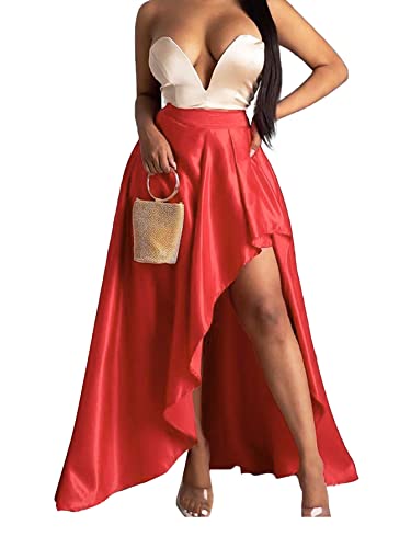 Vrtige Women's Satin Pleated Asymmetrical Split Hem High Waist Cocktail A Line Maxi Skirt Red Medium #TOP3
