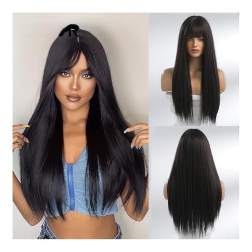 Perruque cheveux longs raides noirs avec frange soignée en fibres de haute qualité