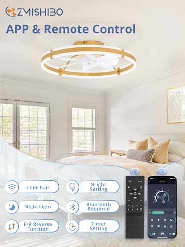 Image of ZMISHIBO 24 Inch Ceiling Fans with Lights and Remote, Modern Low Profile Ceiling Fan, 3000-6000K Dimmable Flush Mount LED Fan Light, 6 Wind Speeds, Fandelier Ceiling Fans for Bedroom- Gold