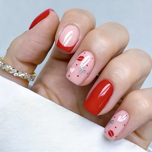 Image of Red Press on Nails Heart Fake nails French Tip Glue Glossy Full Cover Nail Press ons Short Square Stick on Nail for Women Girls Manicure 24Pcs