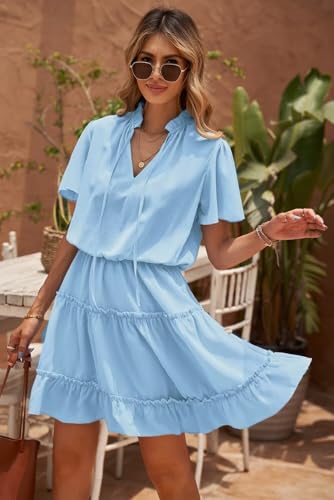 Image of Dokotoo Womens Spring Summer 2025 Short Sleeve Split V Neck Ruffle Chiffon Elegant Mini Short Skirt Dresses