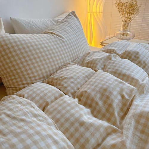 Image of Nayoroom Beige Gingham Duvet Cover Queen Tan Checkered Dorm Bedding