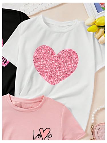 SweatyRocks Girl's 3 Pack T Shirts Sparkly Heart Print Tees Short Sleeve Crewneck Summer Tops3