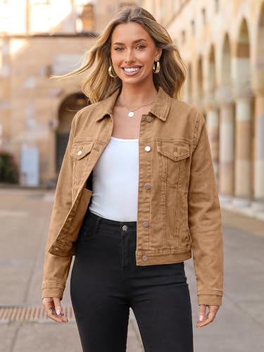 Image of Glamaker Womens Jean Jacket 2026 Basic Trendy Long Sleeve Denim Jackets Button Down Fitted Western Coat with Pockets