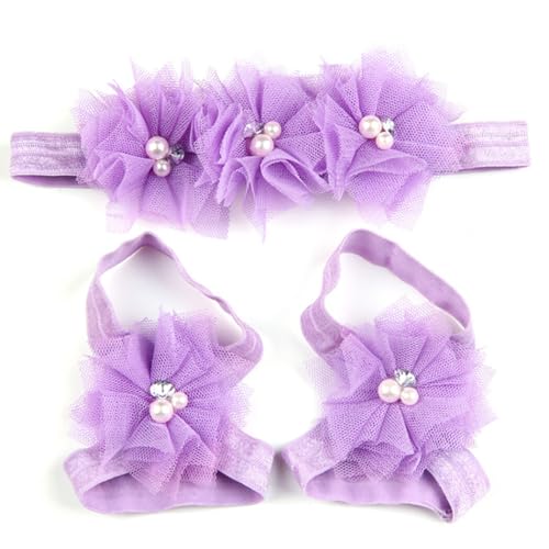 Chewtoyo Faixa de cabeça de renda floral para bebês com sandálias descalço combinando - adorável con