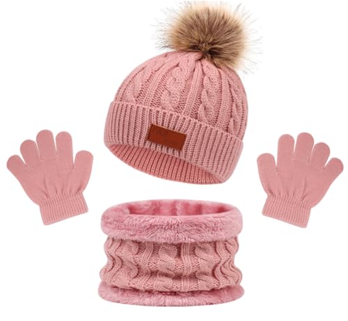 MAILEKT 3en1 Juego de Gorro, Bufanda y Guantes de Invierno para Niños, Rosa., L