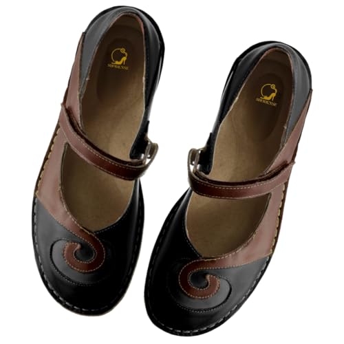 SHODENSE Round Toe Mary Jane Flats Walking Casual Ankle Strap Flat Shoes Two Tone Comfortable Flat Heel Mary Jane Shoes Vintage Patchwork Matte Vintage Retro Flats 4-11 M US3