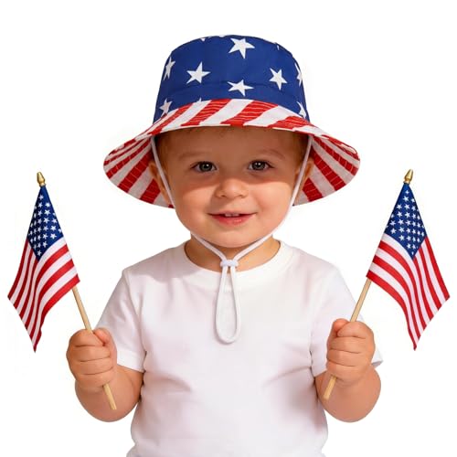 Durio World Cup Toddler Sun Hat 12-24 Months - 4th of July UPF 50+ Infant Newborn Summer Bucket Hats for Boy Girl, Wide Brim Baby Sun Hat for Beach Outdoor Play America Flag Hats