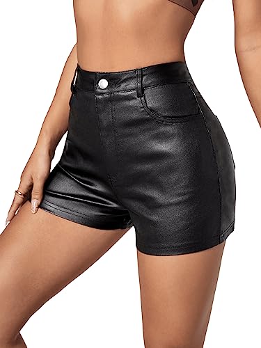 GORGLITTER Damen Stretch Shorts Kurze Hose PU Lederoptik Kunstlederhose Nachtclub Hosen Schwarz einfarbig S