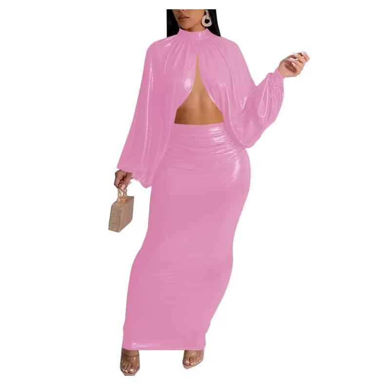 Vestido de PVC estilo capa de club, metalizado, brillante, con parte superior recortada y falda larga delgada, conjunto de 2 piezas para mujer, vestido de fiesta de noche personalizable