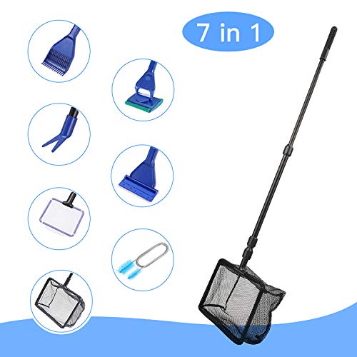 TAGVO Aquarium Fish Tank Clean Set, Glass Fish Tank Aquarium Multifunctional Cleaning Tool 7-in-1 with Fish Net, Algae Scraper, Spoon Net, Gravel Rake, Plant Fork, Clean Sponge, Fish Tank Tube Brush