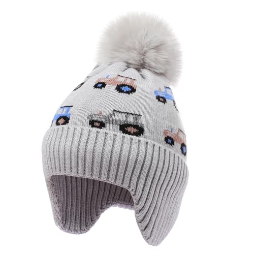 Kids Winter Hat with Ear Flaps, Toddler Boys Girls Fleece Lined Knit Beanie Colorful Pattern Pom Pom Ski Cap for 2-10Y