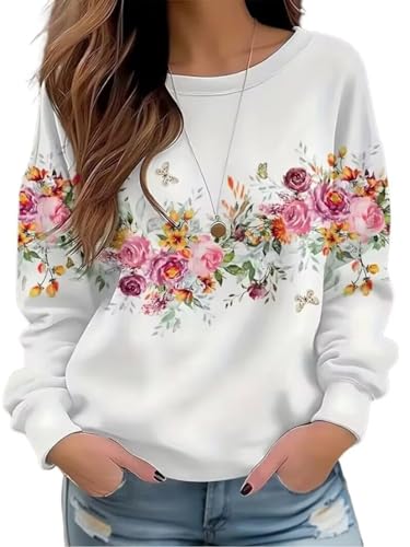 Floral Printed Sweatshirt Womens Boho Flowers O-Neck Pullover Tops Garden Lovers Vaction Long Sleeve Shirts