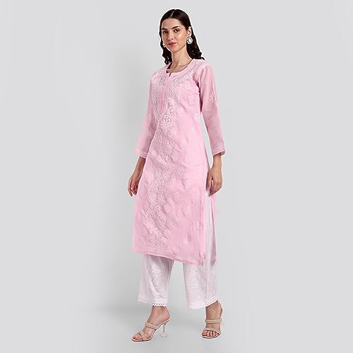 Image of Seva Chikan Hand Embroidered Lucknowi Chikankari Appricot Cotton Kurta Kurti for Women SCL4321