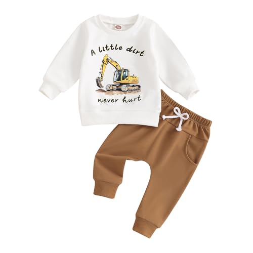 Toddler Baby Boys Tractor Clothes Letter Truck Print Farm Sweatshirt Long Jogger Pants Baby Shower Coming Home Outfit (White, 0-6 Months)
