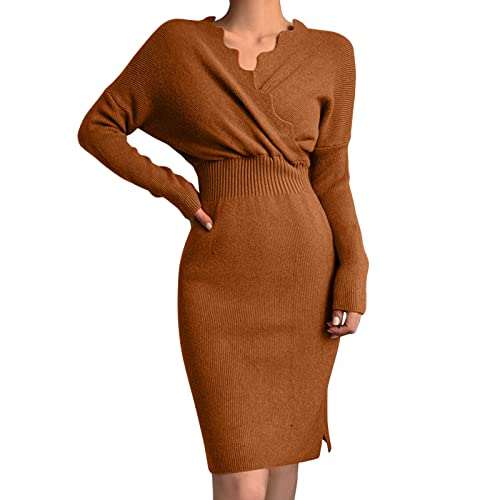 Dinglong Vestido de Mujer de Manga Larga con Cuello en V Y Corte Ajustado de Cintura Alta Elástico Midi Bodycon Vestido Casual Invierno Mujer, Vestidos de Punto Mujer, Vestidos de Invierno Mujer 2024