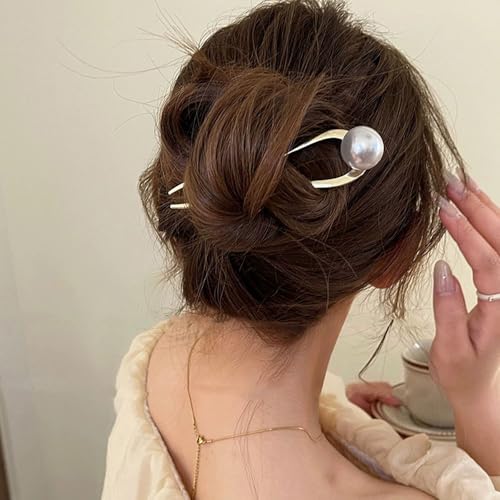 U Shaped Pearl French Hair Pin Gold Silver Metal Hair Clips French Hair Pins for Women Updo Hair Accessories Elegant French Pin Hair Clip U-Shape Hair Fork Hairpin Hair Sticks for Buns Hairclips, 2pcs