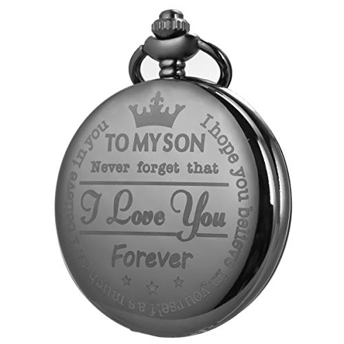 SIBOSUN Personalized Engraved Pocket Watches to My Son Forever Gifts for Son from Mom Dad for Christmas Birthday Graduation Gun-Black