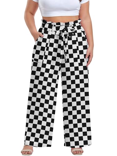 Image of OLRIK Women's Plus Size Pants Adjustable High Waisted Wide Leg Palazzo Pants Casual Trousers with Pockets Spring Clothes