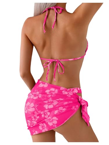 Floerns Women's 3 Piece Swimsuits Floral Triangle Bikini Set with Beach Cover Up Skirt