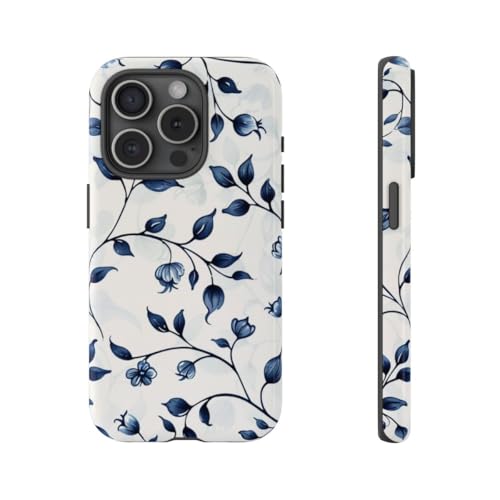 Coque fleurie bleu vigne pour iPhone 15 Pro protection rigide chic