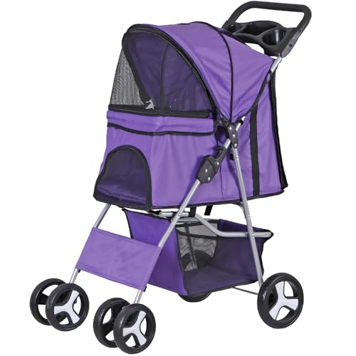 ZENY Foldable Pet Stroller, Cat/Dog Stroller with 4 Wheel, Pet Travel Carrier Strolling Cart with Storage Basket, Cup Holder (Purple)
