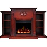 Hanover Classic 72'' Cherry Electric Fireplace TV Stand Mantel with Deep Log Display and Realistic Multi-Color Flames, Modern Fireplace Heater Console for Home with Bookshelves and Remote Control
