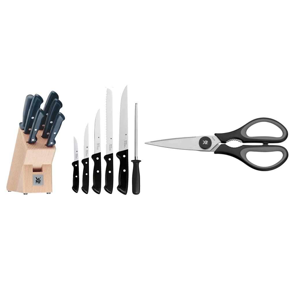 WMF Classic Line Juego de 5 Cuchillos y Afilador Chaira con Soporte de Madera, Hoja de Acero Templado con Filo de Larga Duración & Touch Tijeras de Cocina, Acero Inoxidable, Negro, 21cm