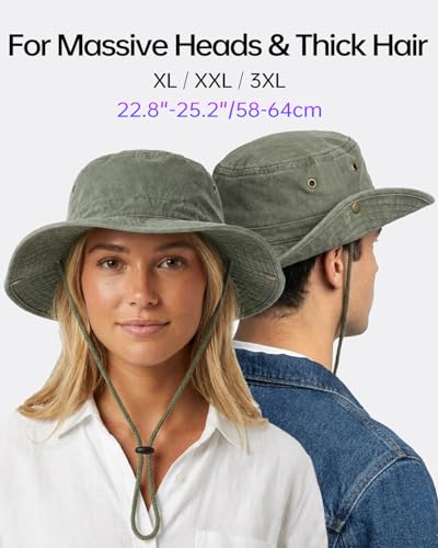 Image of Zylioo XXL Boonie Sun Hat for Big Heads, Washed Wide Floppy Brim Hiking Hat with Chin Strap, Cooling Safari Fishing Hat