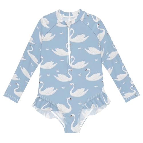 White Swan Girls Long Sleeve Swimsuit Rash Guard One Piece Bathing Suits Zipper 3-12T