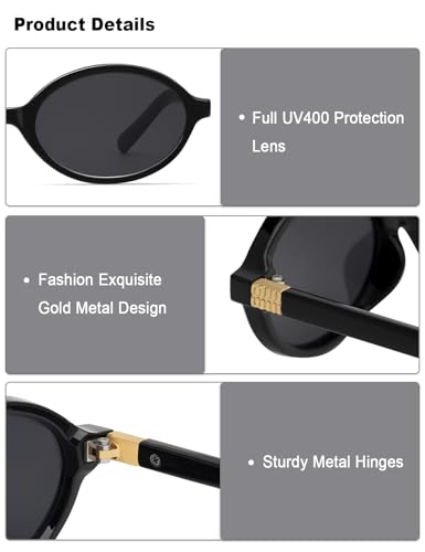 Retro Oval Sunglasses for Women Vintage 90s Small Eyewear Trendy Narrow Skinny Black Frame 2-Pack3