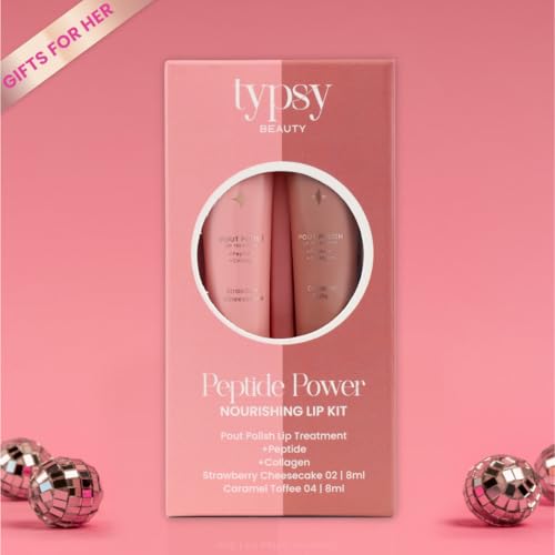 Image of Typsy Beauty Pout & Polish Lip Balm Kit | Hydrating with Peptides & Collagen | Deep Moisture with Cooling Metal Applicator | Strawberry Cheesecake & Caramel Toffee Lip balm | 8ml