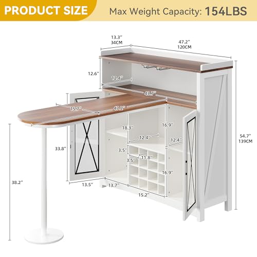 DWVO Farmhouse Wine Bar Cabinet with LED Lights, 47" Coffee Bar Station w/Bar Table, Wine Racks and Glass Holders, Clear Barn Door, Wood Kitchen Buffet Cabinet w/Storage for Living Dining Room, White