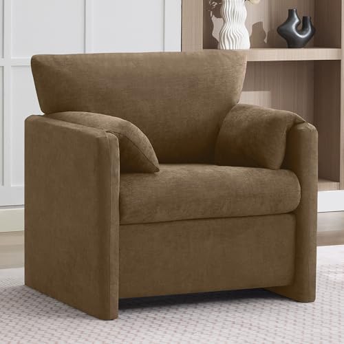 Oversized Accent Chair for Living Room, Large Modern Armchair with Deep Seat, Mid-Century Comfy Reading Chair with Padded Arms, Chenille Single Sofa Chairs for Bedroom, Dark Brown, Regular, 1PC