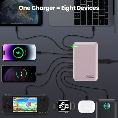 200W Caricatore USB C Multiplo, GaN III 8-Port 65W Laptop Caricabatterie PPS PD QC Alimentatore USB C Multipla Stazione di Ricarica mit USB A per MacBook Air/Pro Laptop iPhone Samsung SteamDeck-Rosa