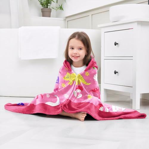Image of Dinosaur Girls Beach Towel with Hoodie for Kids Toddlers Age 4-8, Pink Bath Towels Shower Wrap for Girls, Hooded Poncho Beach Blanket for Pool Swimming Cute Wearable Bath Towel for Child