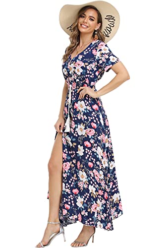 Image of VintageClothing Women's Floral Maxi Dresses Boho Button Up Split Summer Casual Long Dress Beach Party Dress