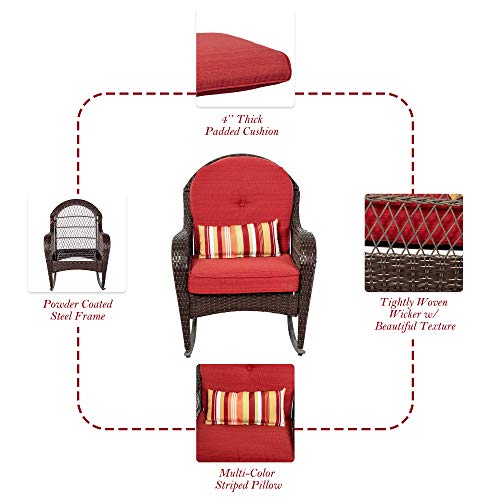Sundale Outdoor Rocking Chair, Patio Wicker Rocker Chair With Olefin Cushions And Pillow, Rocking Lawn Chair Wicker Patio Furniture - Steel Frame, Brown, Red #TOP1