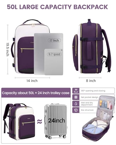 Image of LOVEVOOK 50L Travel Backpack for Women & Men, Airline Approved Carry On Luggage with 3 Packing Cubes, TSA Overnight Bags, Waterproof Personal Item Bag, Weekender Essentials Backpacks fits 17 inch Laptop