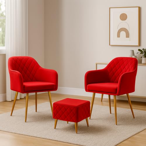 Image of Barfi Velvet Dining Chair | Set of 2 Premium Modern Upholstered Accent Chair with Armrest, Padded Seat and Metal Legs | Comfy Chair for Home, Office & Restaurents | (Red with Puffy)