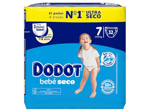 Dodot Bebé-Seco Pañales Talla 7, 32 Pañales, 15kg-24kg, Una Noche Hasta Un 100% Libre De Fugas