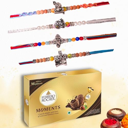 Image of Gifticon Rakhi for Brother with Chocolate Combo Gift Set - Designer Rakhi for Brother Bhaiya with Ferrero Moments Chocolates Pack - Rakhi Set of 4 | IB-4R-Mom-AllSilverGods