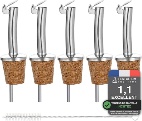 Incutex 5 Bouchon Verseur en Liège et 1 Brosse de Nettoyage, Becs Verseurs Réutilisable avec Clapet pour Bouteilles de Vin, d'huile, de Liqueur, de Vinaigre
