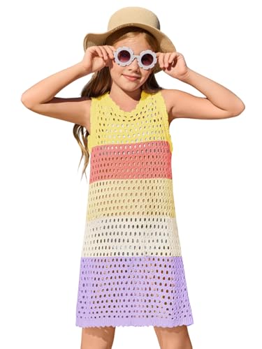 Image of Haloumoning Girls Color Block Crochet Knit Swim Cover up Kids Summer Sleeveless Beach Dress 5-14 Years