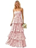 Mollyevers Floral Pink Prom Dress for Women Strapless Long Tiered Ruffle Formal Evening Dresses Size 0