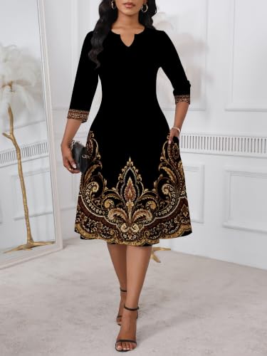 Image of PinkPatty Women's Casual 3 /4 Sleeve Midi Dresses Fit and Flare Church Work Dress with Pockets