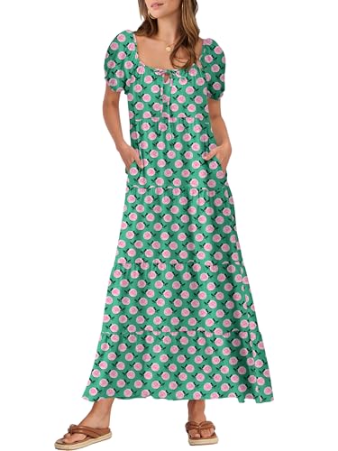 Image of ANRABESS Women's Boho Maxi Dresses 2025 Summer Casual Floral Puff Short Sleeve Tie Front Flowy Swing Tiered Long Beach Dress